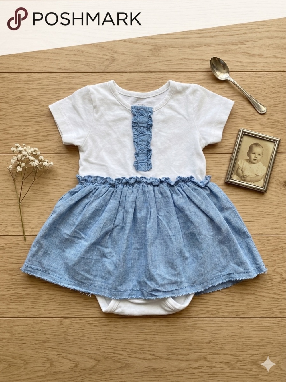 H&M Organic Cotton Chambray Bodysuit Dress - 1-2M Y2K VINTAGE NOS NWOT